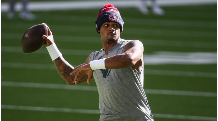 Jan 3, 2021; Houston, Texas, USA; Houston Texans quarterback Deshaun Watson (4) warms up before a game against the Tennessee Titans at NRG Stadium.